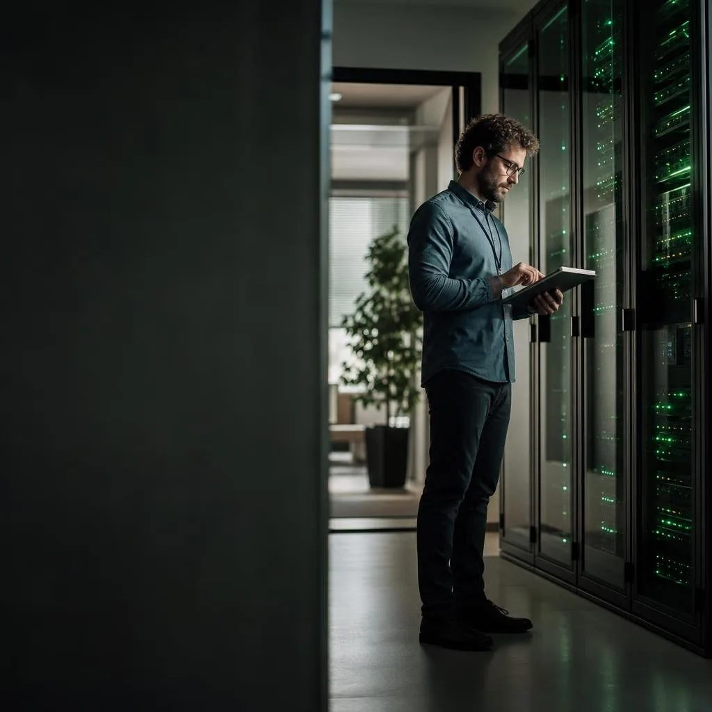 Secure server room with soft green lighting