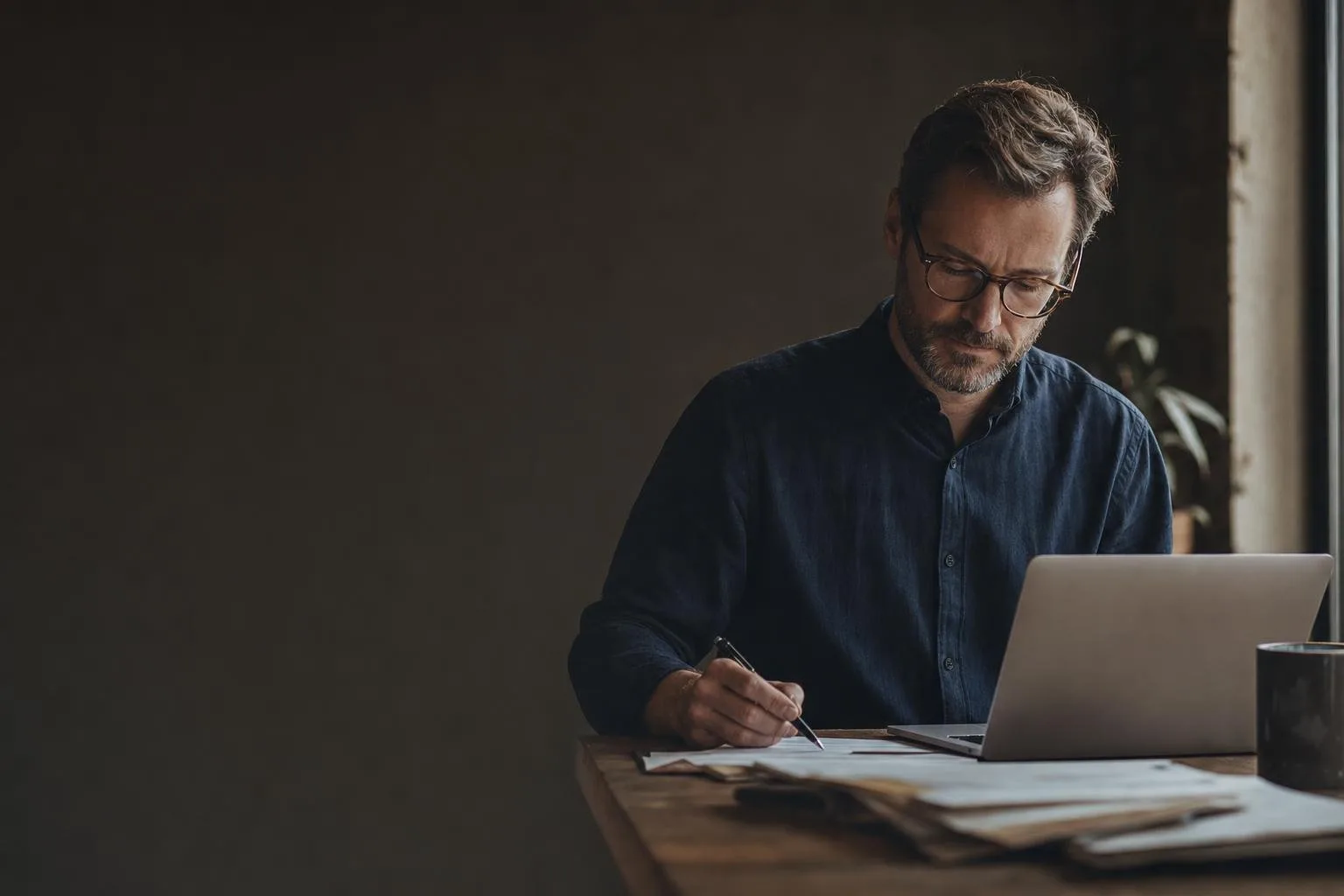 A small-business owner reviewing invoices and reports